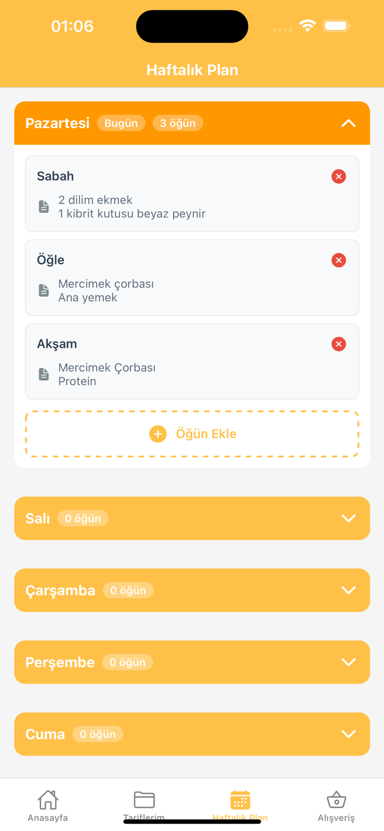 Alışveriş listesi ekranı